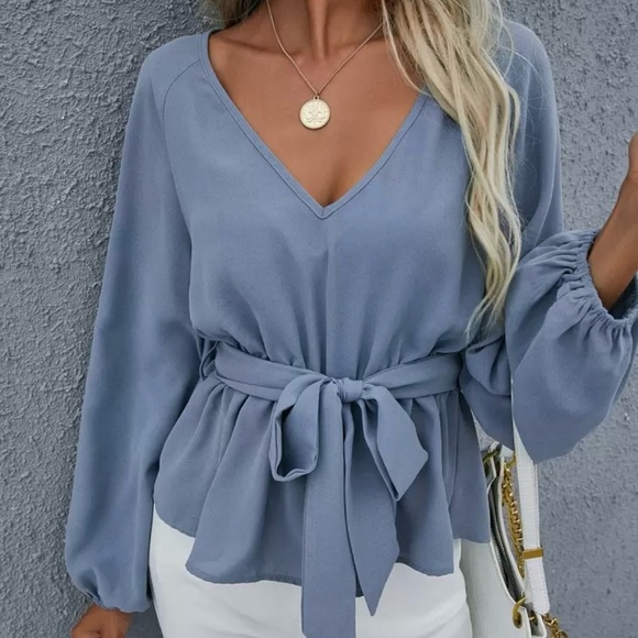 SHEIN Tops - V-Neck Tie-Waist Women's Top in Dusty Blue